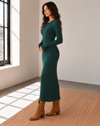 The Hunter Green Cotton Blend Ribbed Midi Dress