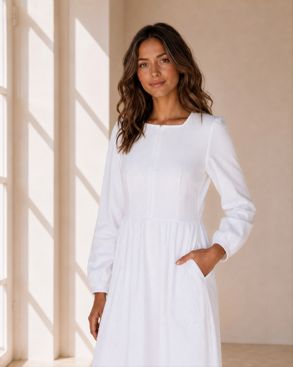 The Meridian | White Front-Zip Long Sleeve LDS Temple Dress