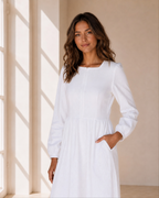 The Meridian | White Front-Zip Long Sleeve LDS Temple Dress