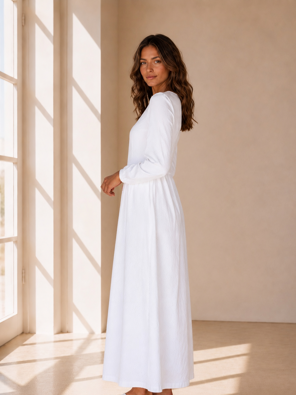 The Meridian | White Front-Zip Long Sleeve LDS Temple Dress