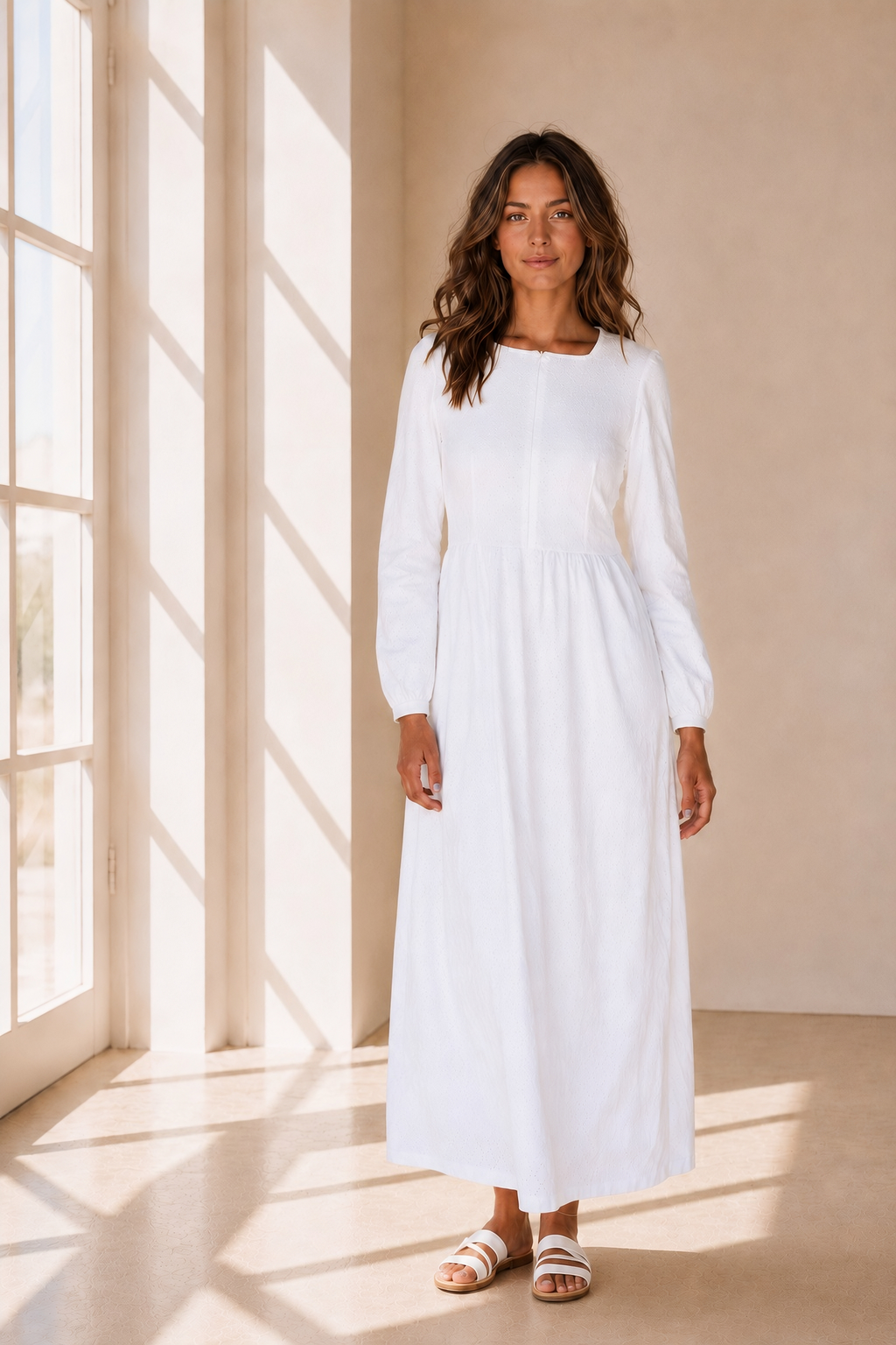 The Meridian | White Front-Zip Long Sleeve LDS Temple Dress