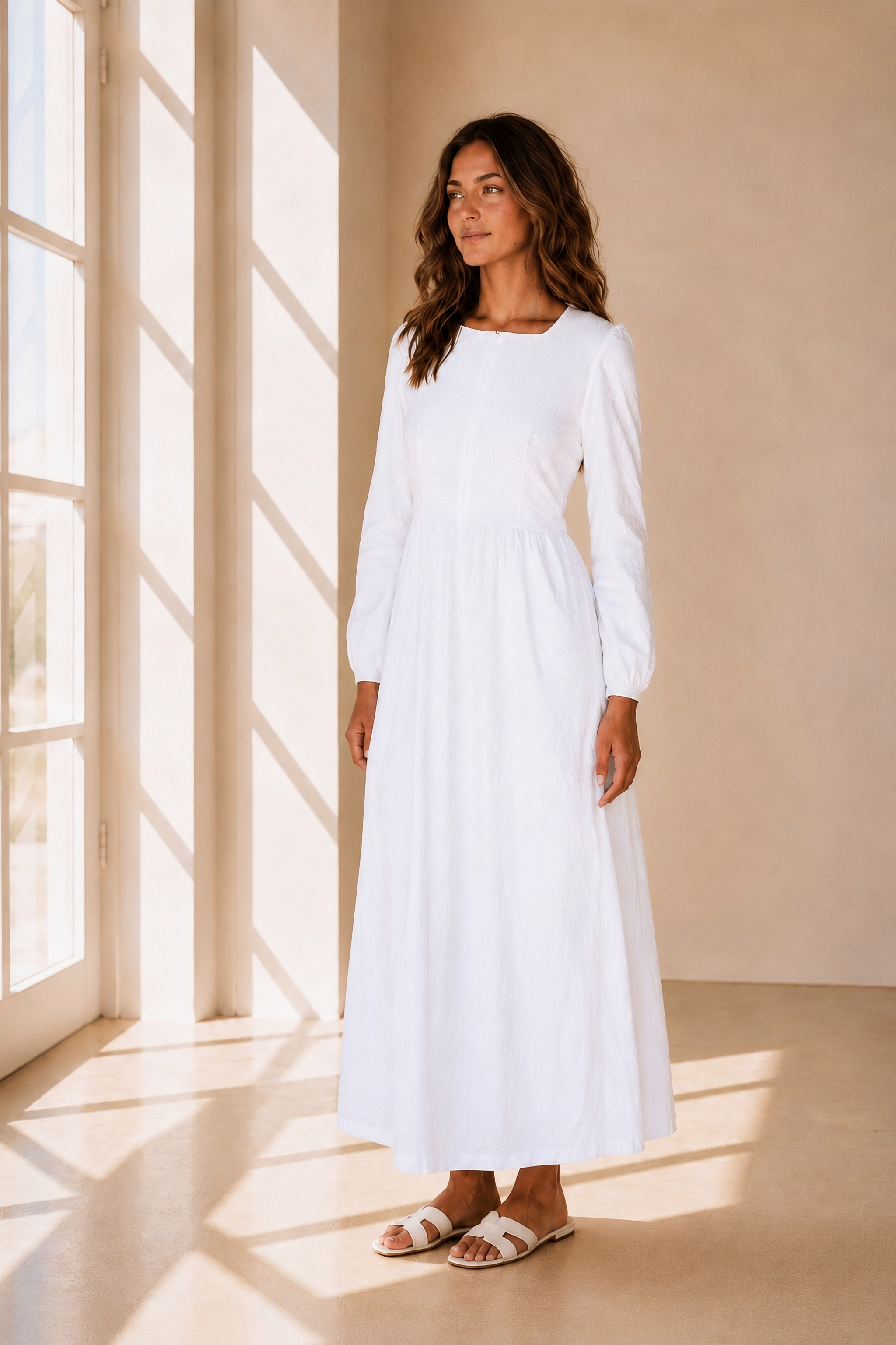 The Meridian | White Front-Zip Long Sleeve LDS Temple Dress