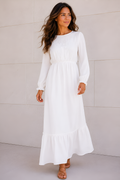 The Payson | Floral Embroidered LDS Temple Dress with Sheer Bishop Sleeves