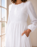 The Preston white front-zip embroidered LDS temple dress with bishop sleeves and a tiered skirt