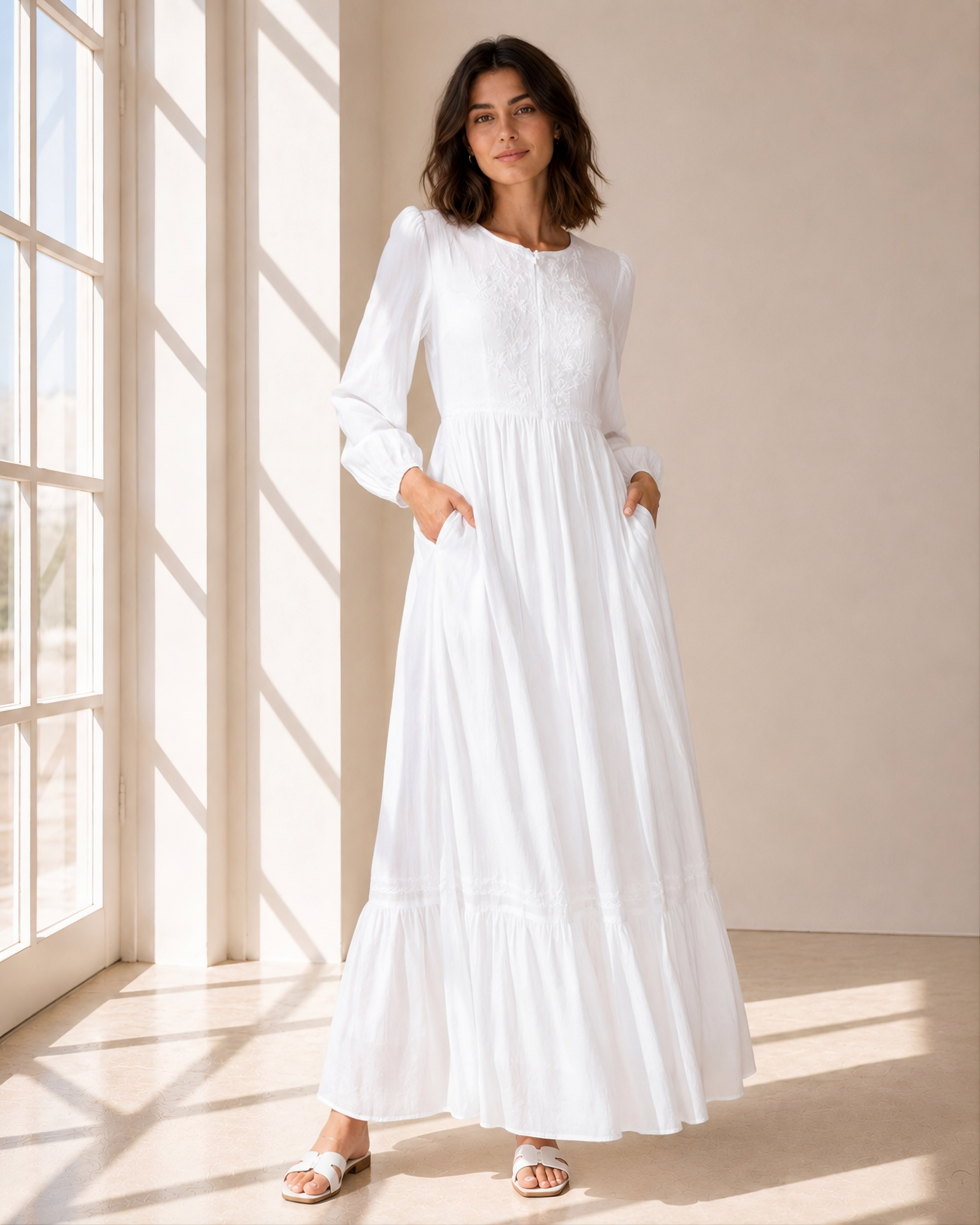 The Preston white front-zip embroidered LDS temple dress with bishop sleeves and a tiered skirt