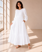 The Preston white front-zip embroidered LDS temple dress with bishop sleeves and a tiered skirt
