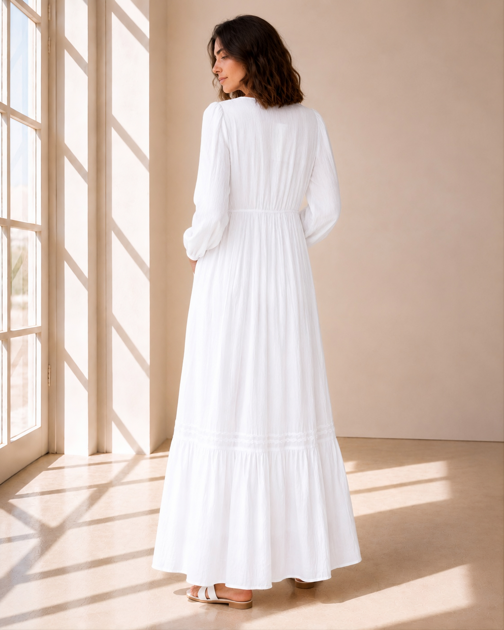 The Preston white front-zip embroidered LDS temple dress with bishop sleeves and a tiered skirt