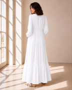 The Preston white front-zip embroidered LDS temple dress with bishop sleeves and a tiered skirt