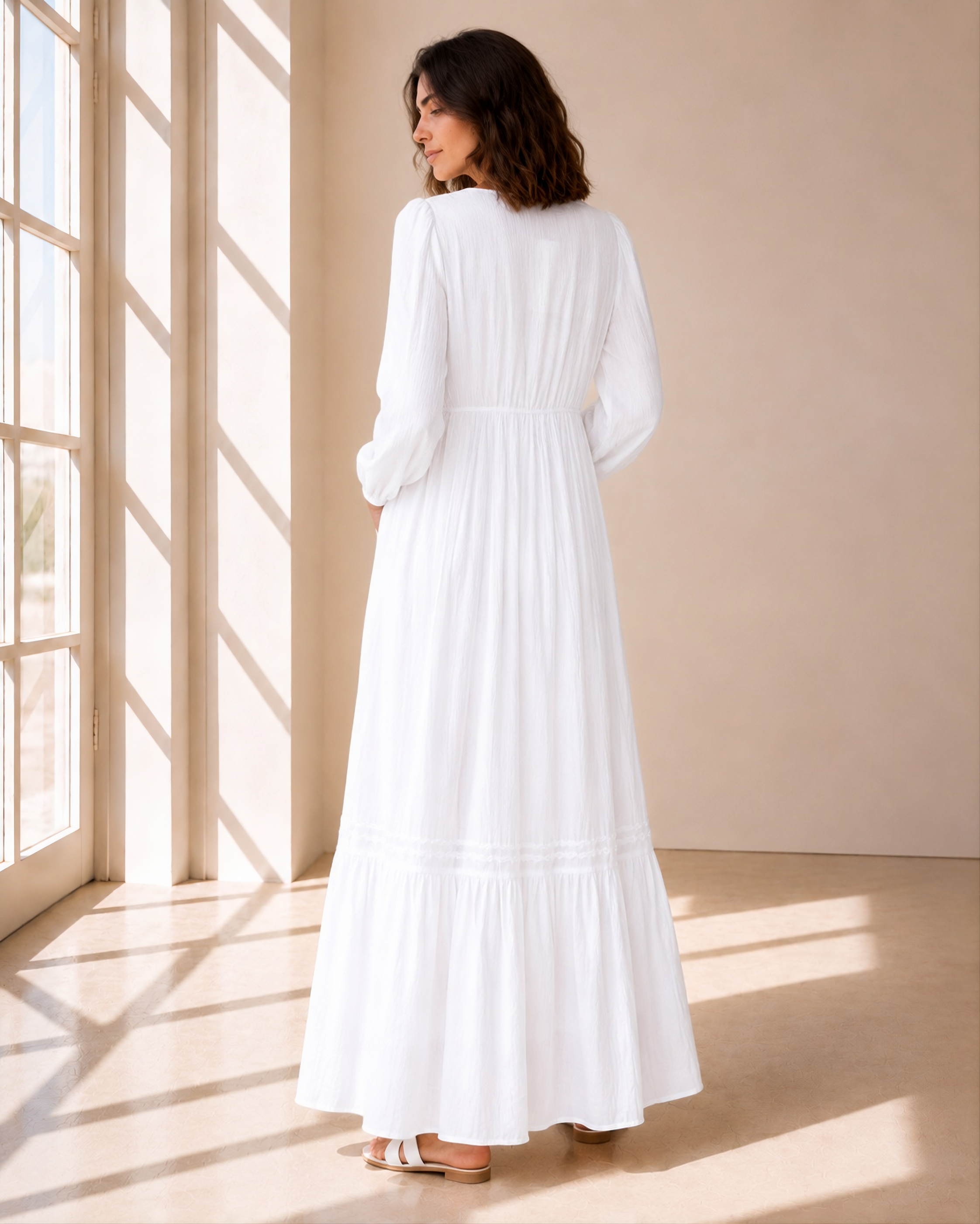 The Preston white front-zip embroidered LDS temple dress with bishop sleeves and a tiered skirt