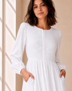 The Preston white front-zip embroidered LDS temple dress with bishop sleeves and a tiered skirt