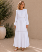 The Rome white Swiss-dot lace LDS temple dress with bishop sleeves and a tiered skirt