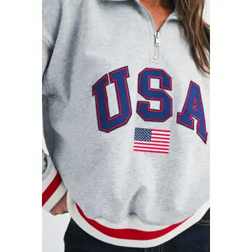 USA varsity heather-grey oversized half-zip fleece pullover with ribbed trim