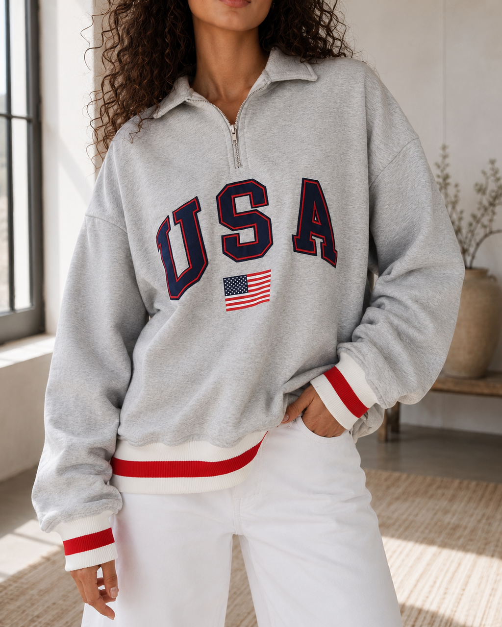 USA varsity heather-grey oversized half-zip fleece pullover with ribbed trim