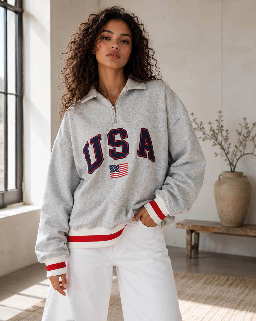 USA varsity heather-grey oversized half-zip fleece pullover with ribbed trim