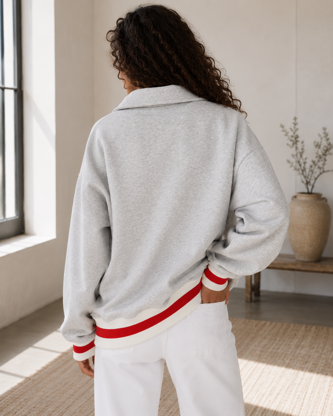 USA varsity heather-grey oversized half-zip fleece pullover with ribbed trim