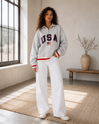 USA varsity heather-grey oversized half-zip fleece pullover with ribbed trim