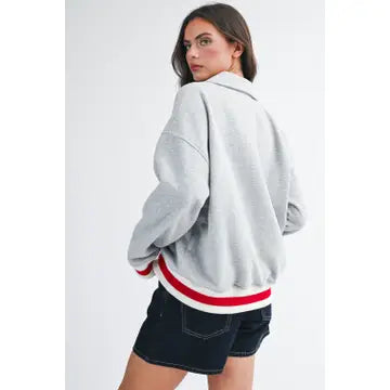 USA varsity heather-grey oversized half-zip fleece pullover with ribbed trim