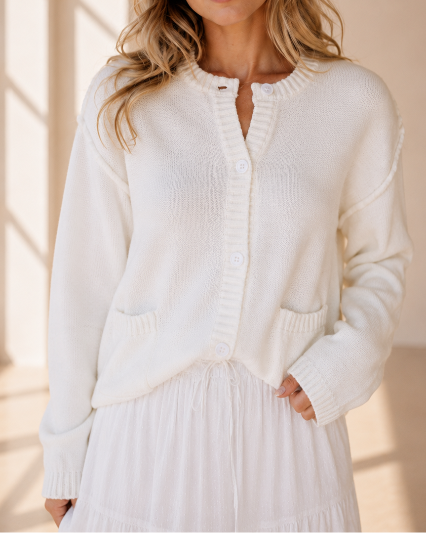 White Knit Pocket Cardigan