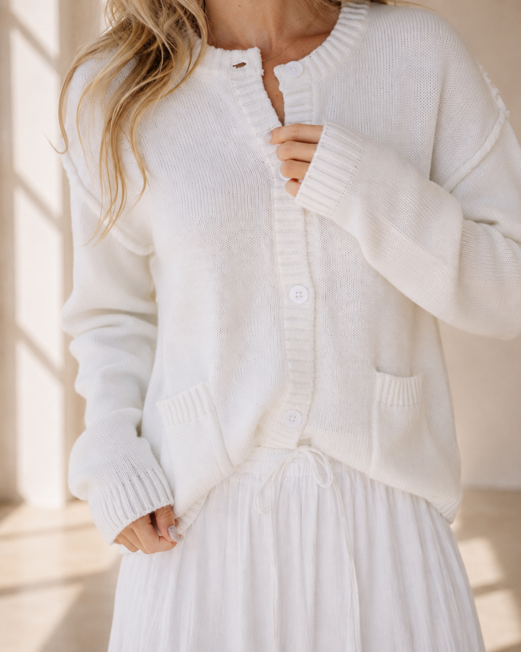 White Knit Pocket Cardigan