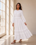 The Willamette Valley soft tiered-ruffle white LDS temple dress with long sleeves and pockets