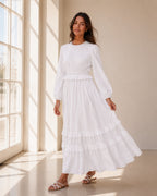 The Willamette Valley soft tiered-ruffle white LDS temple dress with long sleeves and pockets