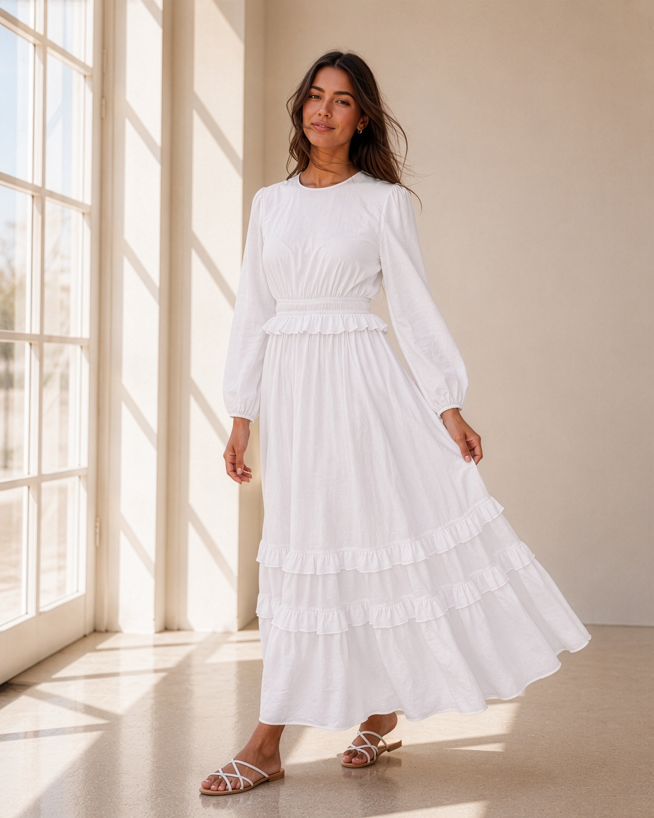 The Willamette Valley soft tiered-ruffle white LDS temple dress with long sleeves and pockets