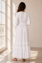 The Willamette Valley soft tiered-ruffle white LDS temple dress with long sleeves and pockets