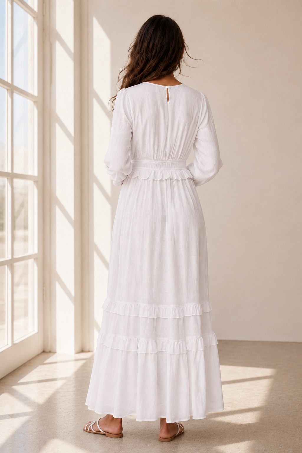 The Willamette Valley soft tiered-ruffle white LDS temple dress with long sleeves and pockets