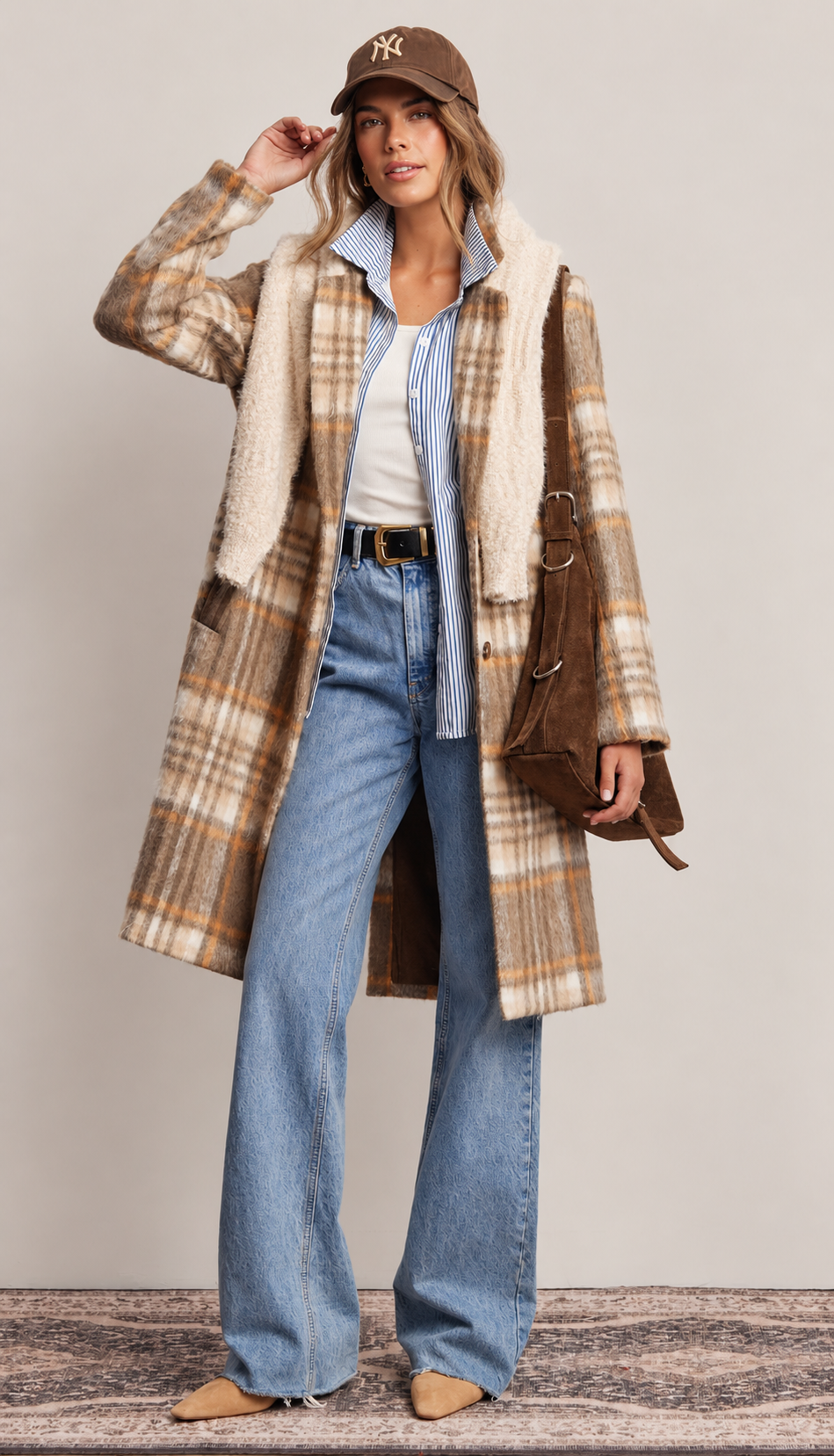 Women's Brushed Plaid Longline Coat