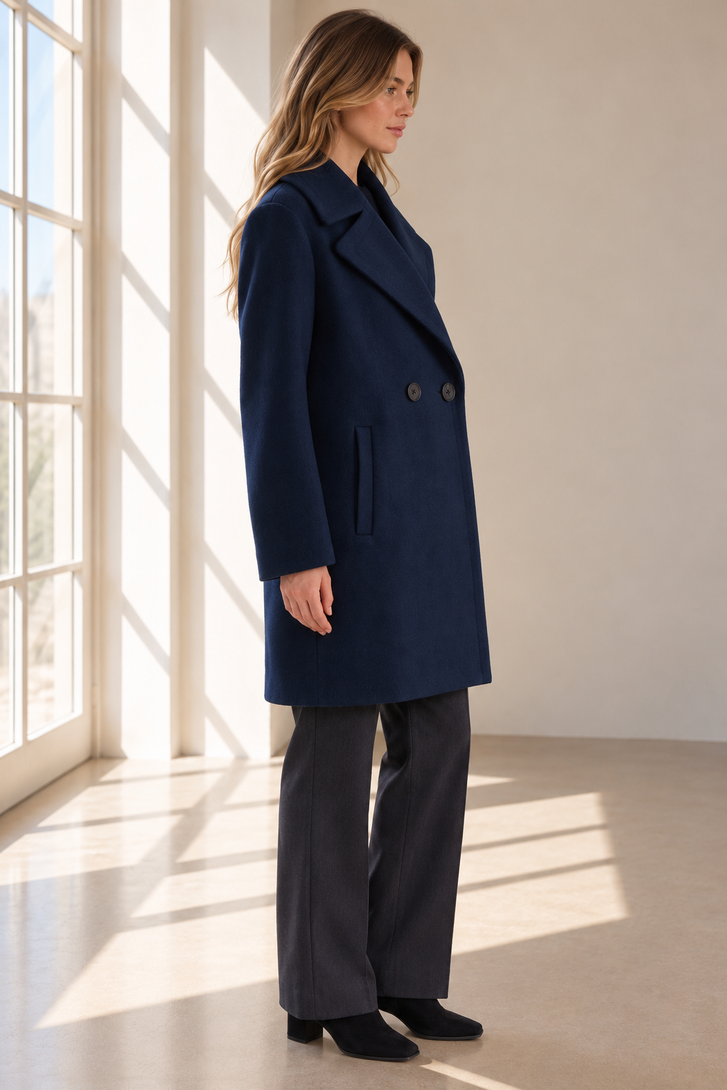 Women's Navy Faux Wool Mid-Length Coat | ZMCI