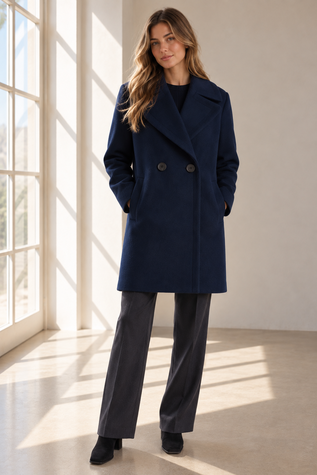 Women's Navy Faux Wool Mid-Length Coat | ZMCI
