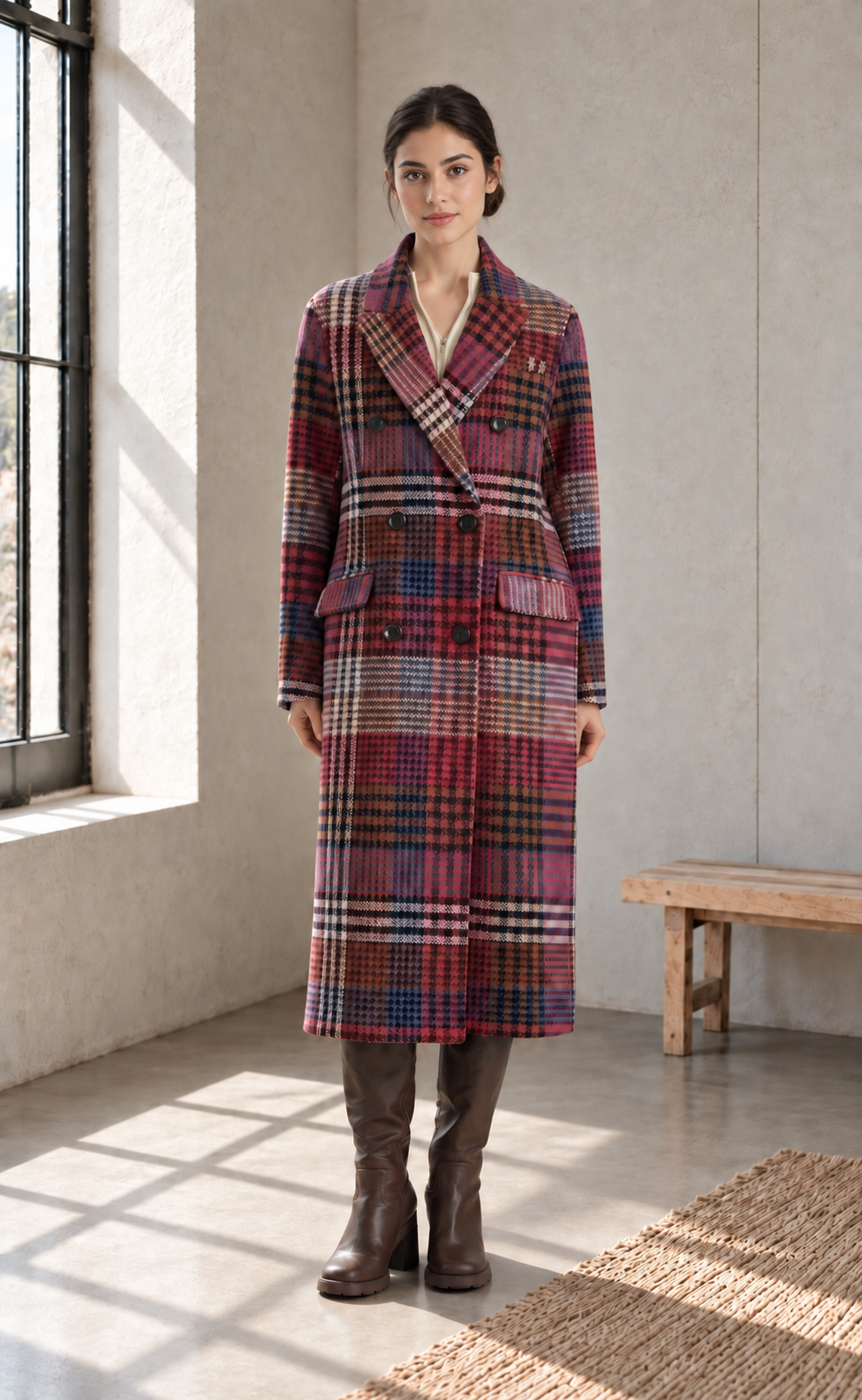 Women's Plaid Faux Wool Double-Breasted Maxi Coat | ZMCI