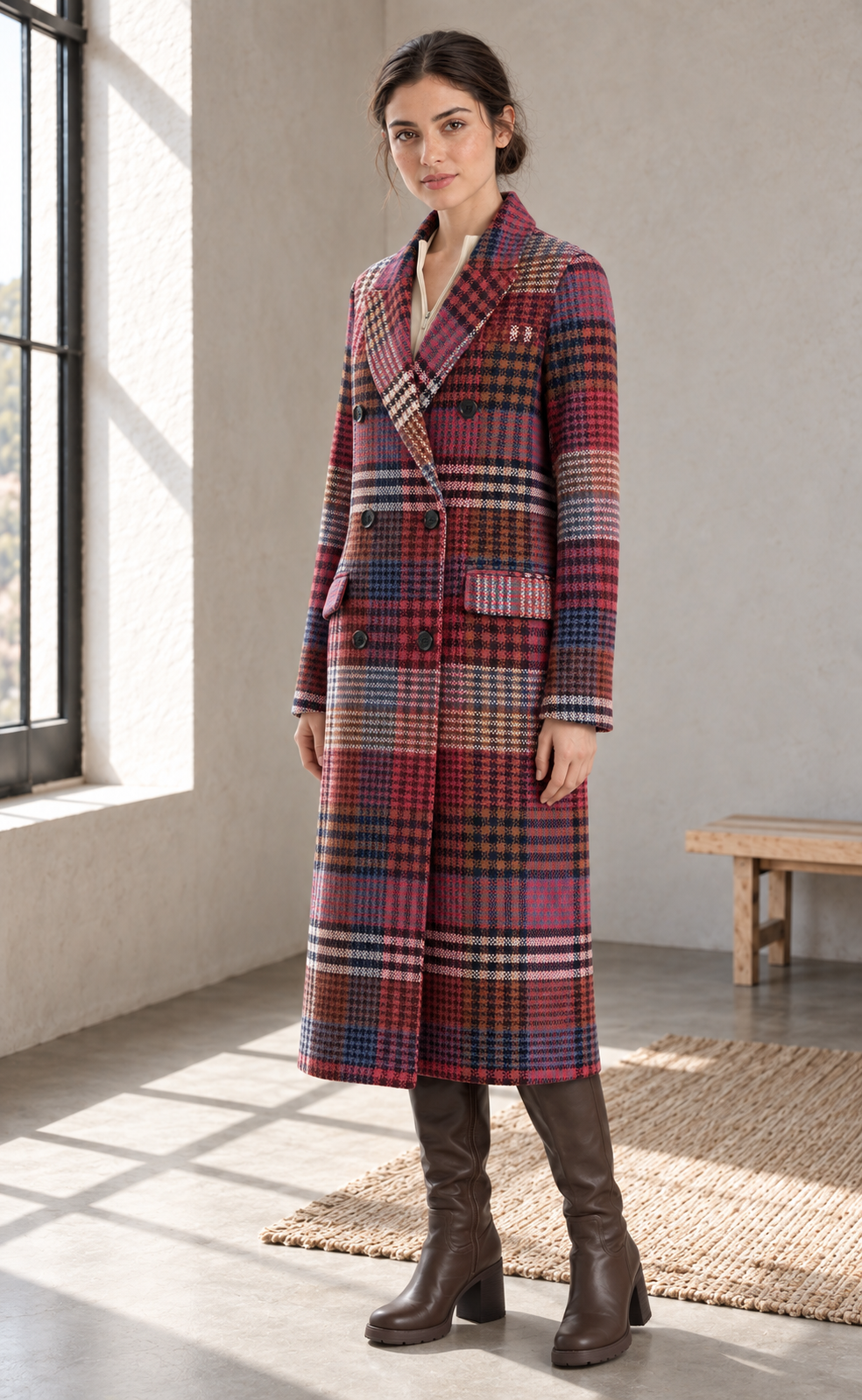 Women's Plaid Faux Wool Double-Breasted Maxi Coat | ZMCI