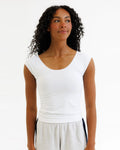 White fitted scoop-neck tee with cap sleeves and cotton stretch fabric