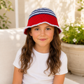 Youth Handmade Crochet Bucket Hat – Red, White & Navy Striped Kids Hat
