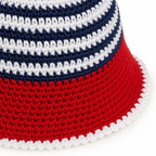 Youth Handmade Crochet Bucket Hat – Red, White & Navy Striped Kids Hat