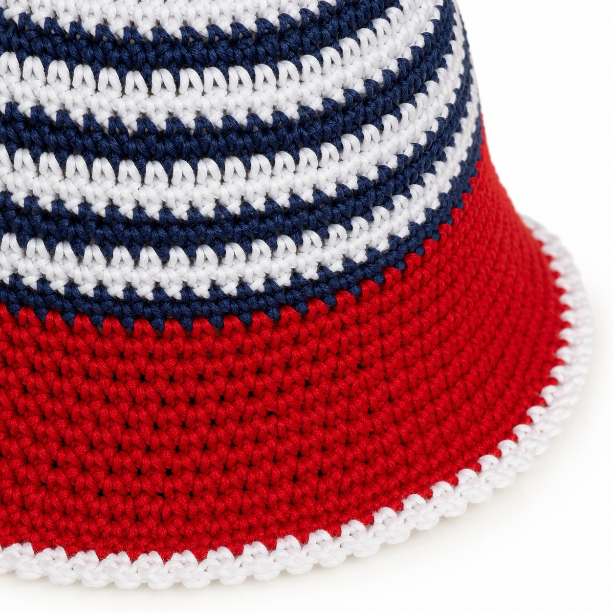 Youth Handmade Crochet Bucket Hat – Red, White & Navy Striped Kids Hat