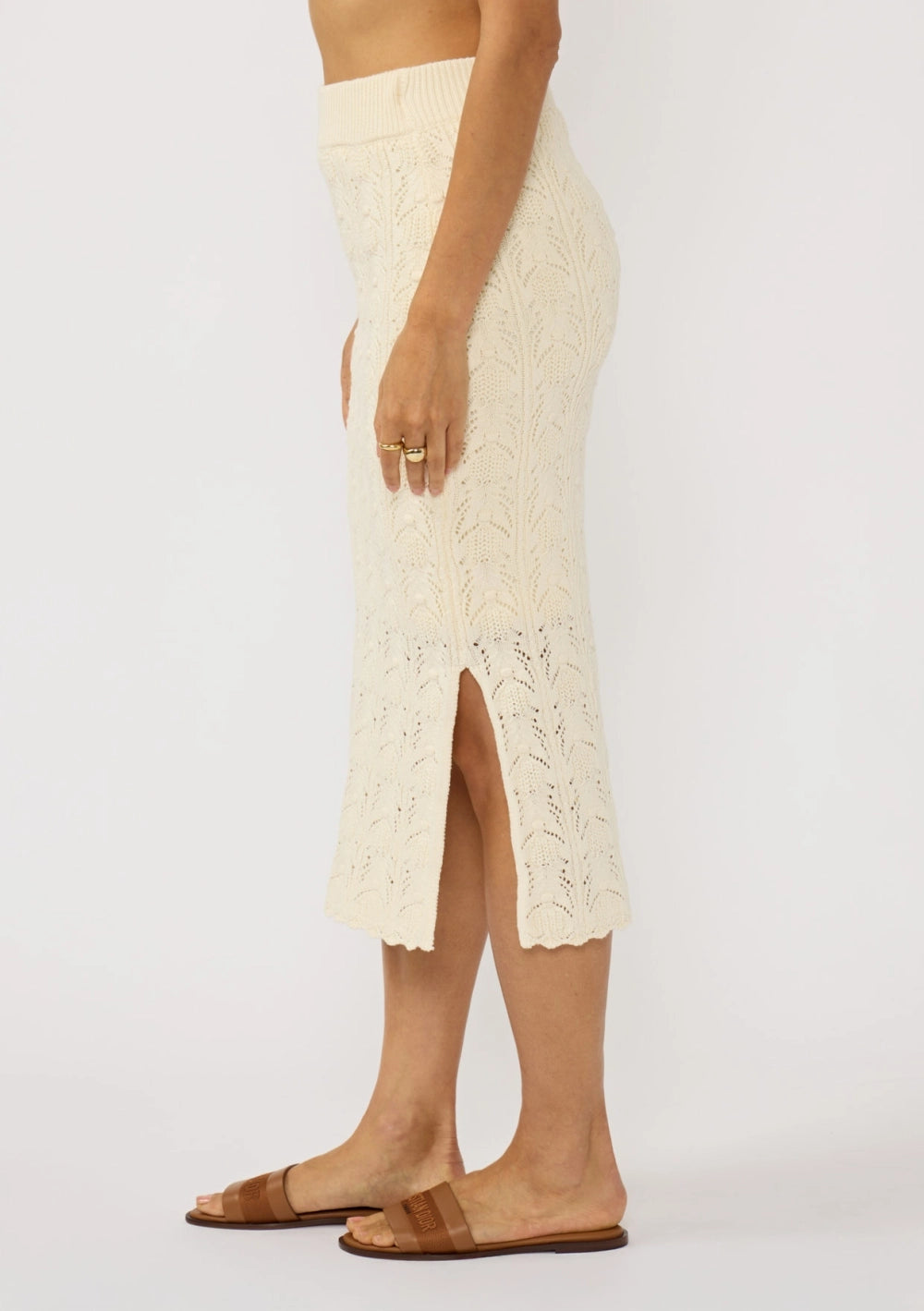 Palm Bloom textured crochet modest midi skirt with a scalloped hem