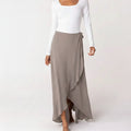 The Laurel taupe rayon modest wrap skirt with a high-low hem and self-tie belt