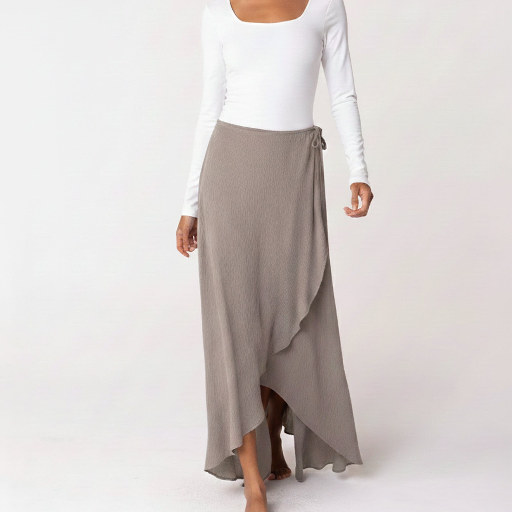 The Laurel taupe rayon modest wrap skirt with a high-low hem and self-tie belt