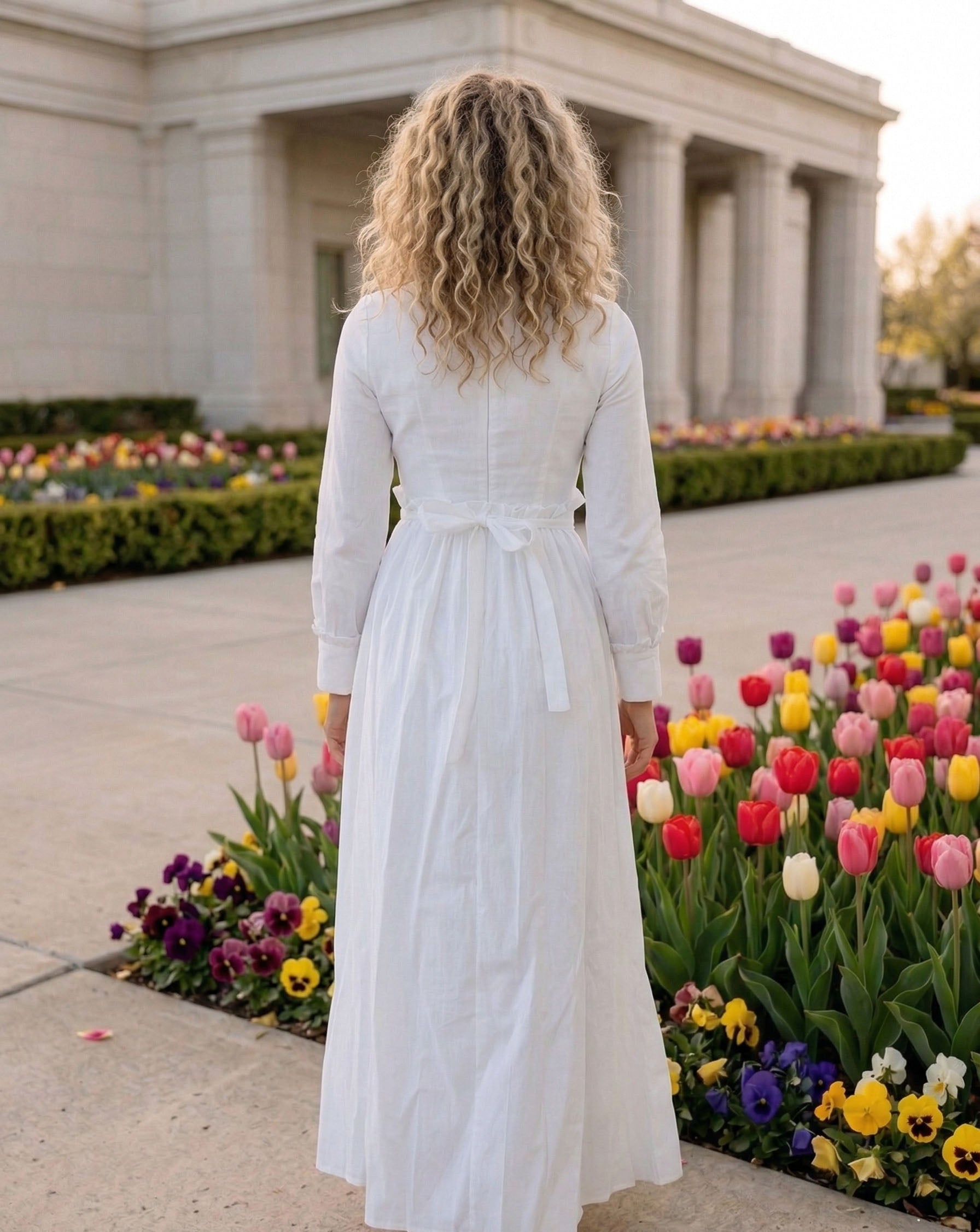 The St. George LDS temple dress — cotton-blend fabric close-up