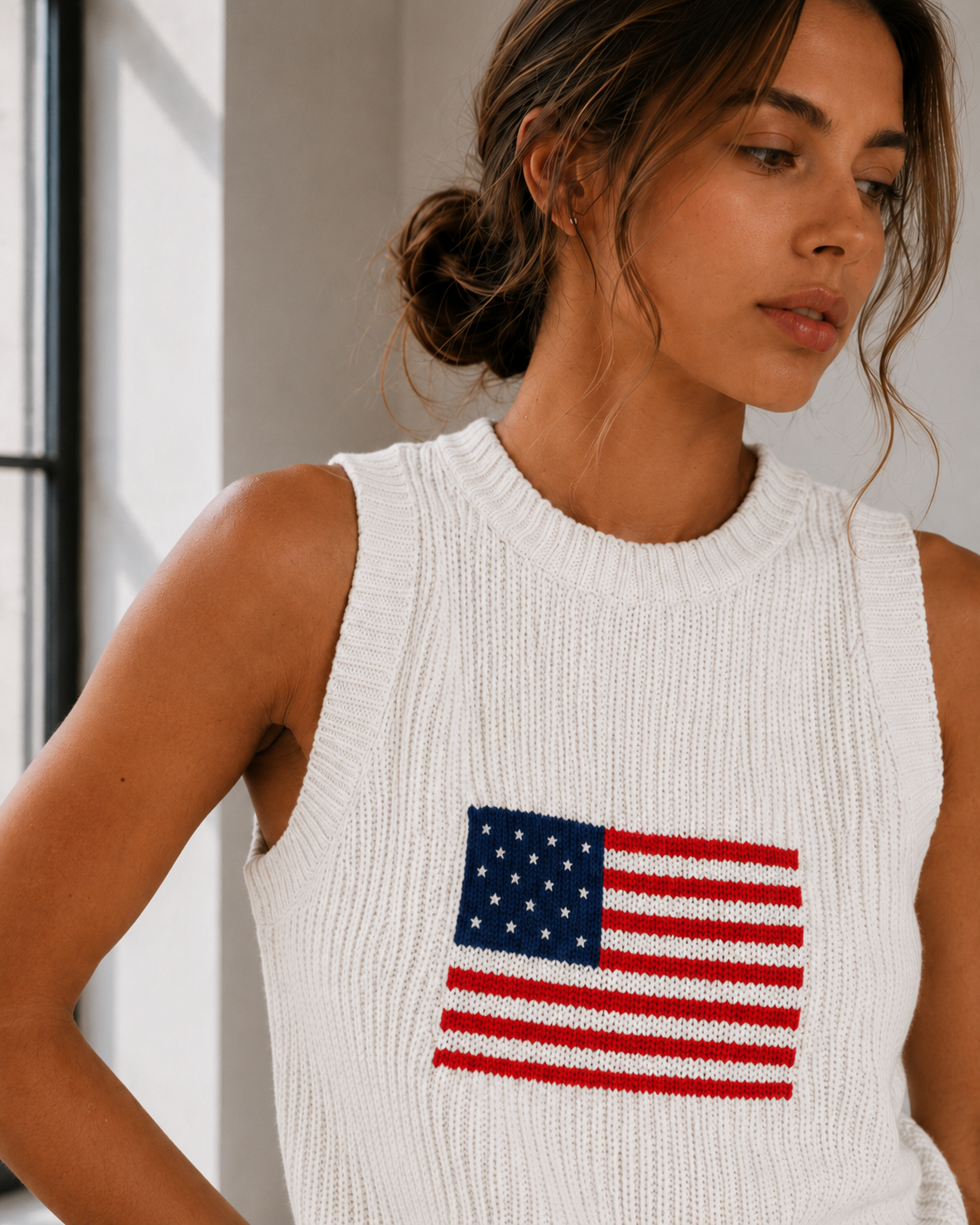 Navy American flag chunky ribbed-knit cropped sweater tank top