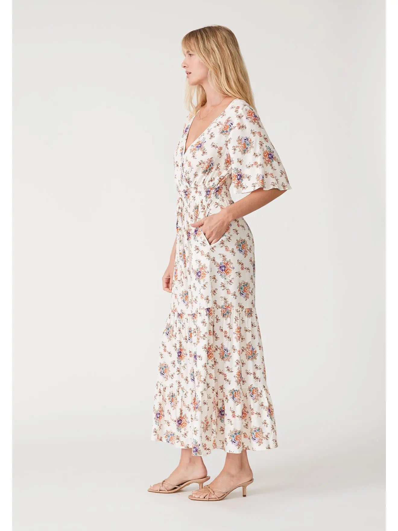 The Willow floral rayon modest maxi dress with a surplice neckline and tiered skirt