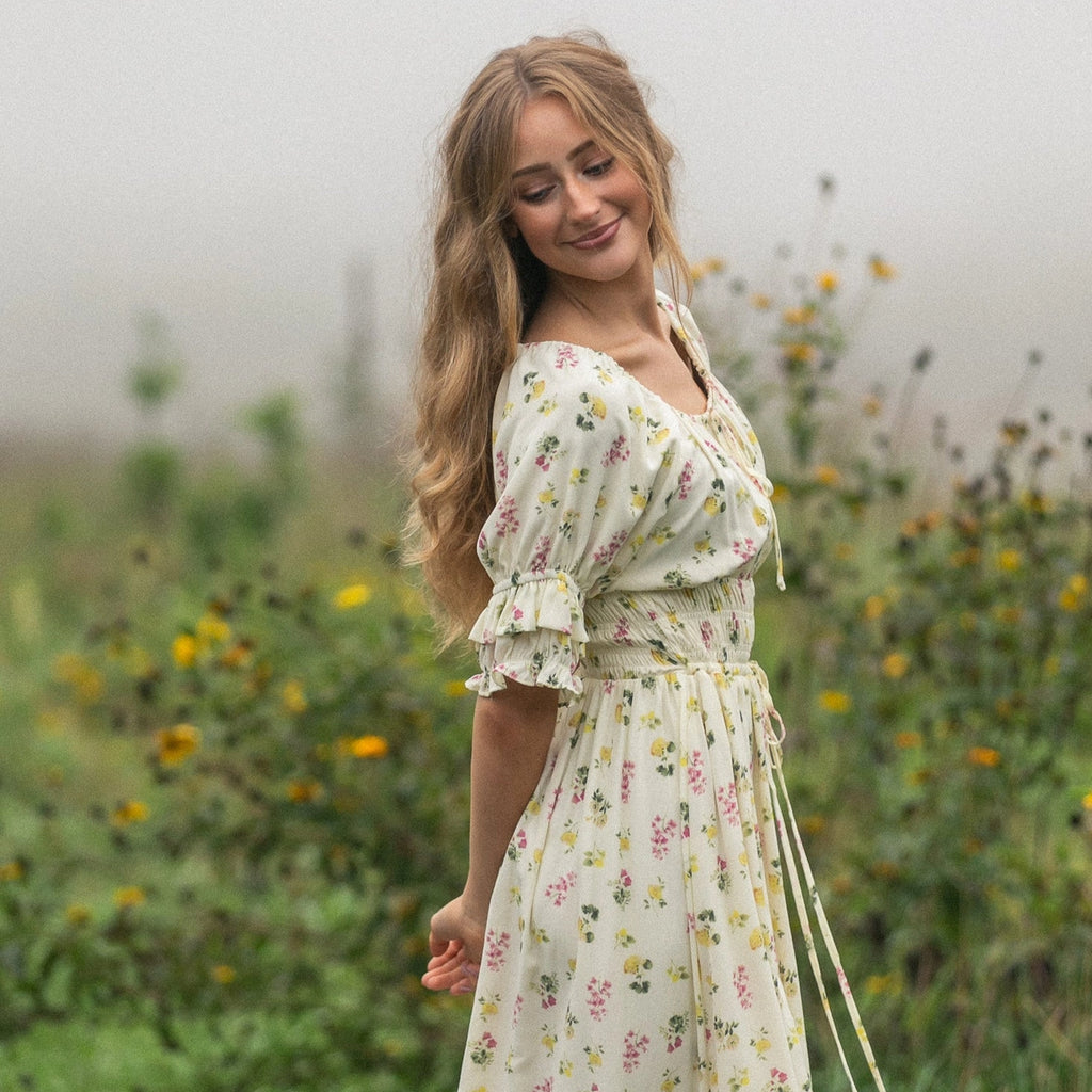 Meadow Daydream cream floral modest maxi dress with double puff sleeves and a smocked waist