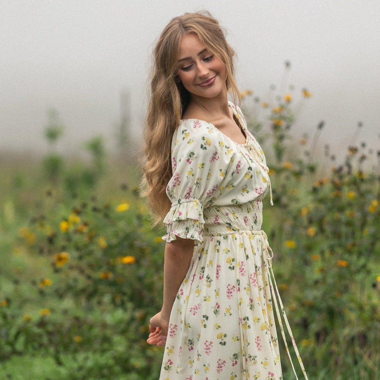 Meadow Daydream cream floral modest maxi dress with double puff sleeves and a smocked waist