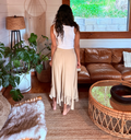 Ruffle-hem sand-beige bohemian modest maxi skirt with a smocked waist