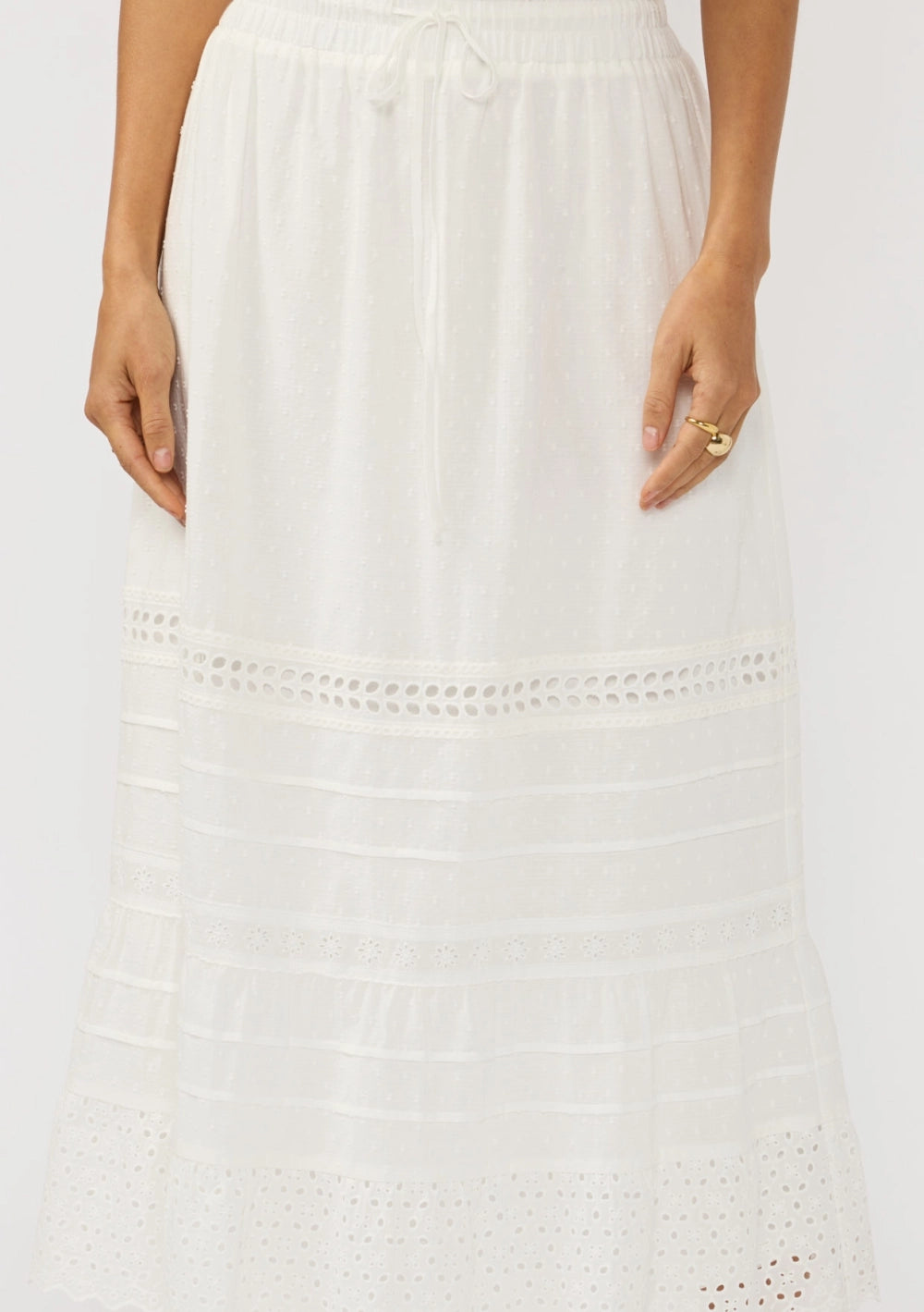 Bountiful white cotton modest church skirt with pintuck detail and eyelet hem