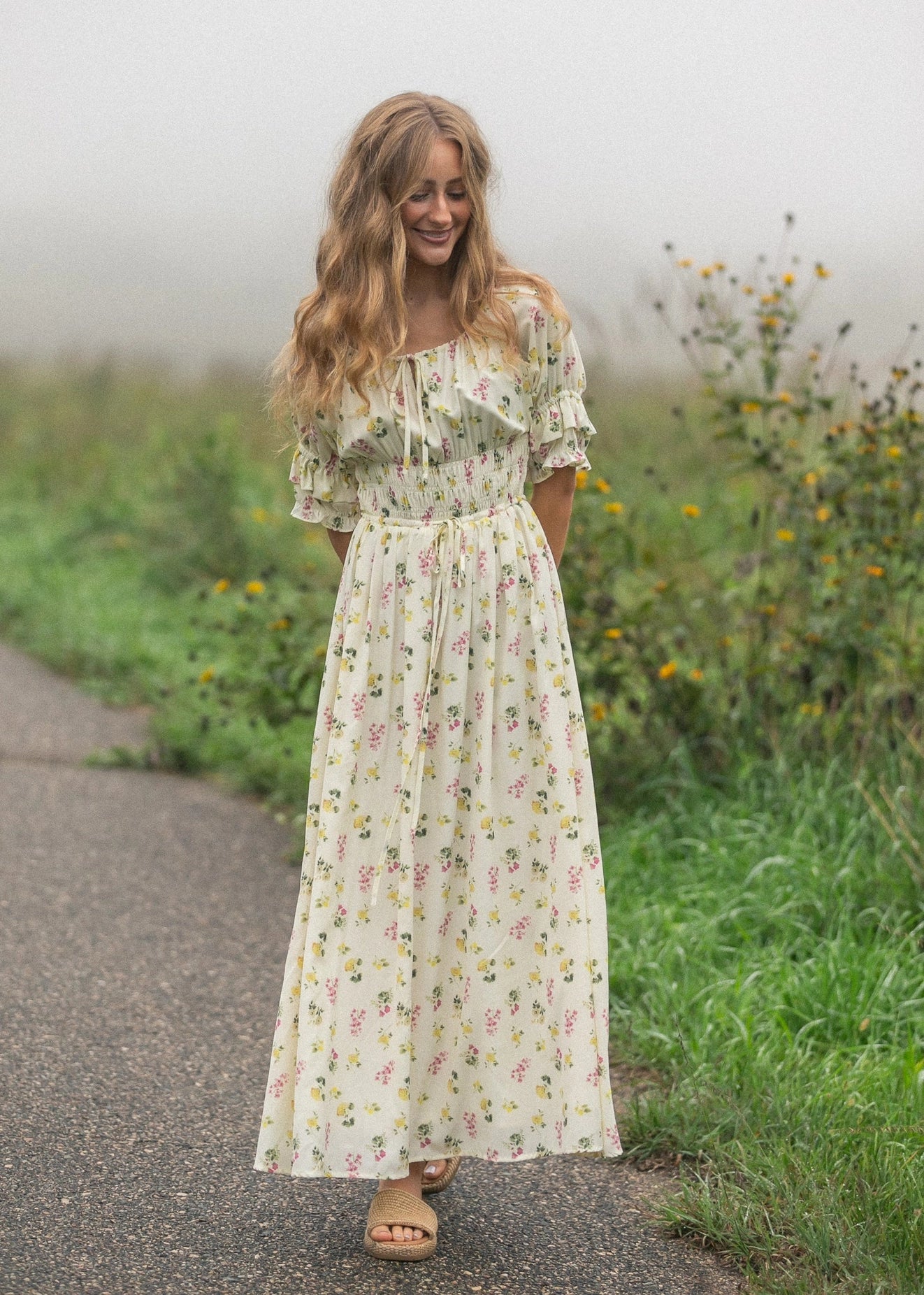 Meadow Daydream cream floral modest maxi dress with double puff sleeves and a smocked waist