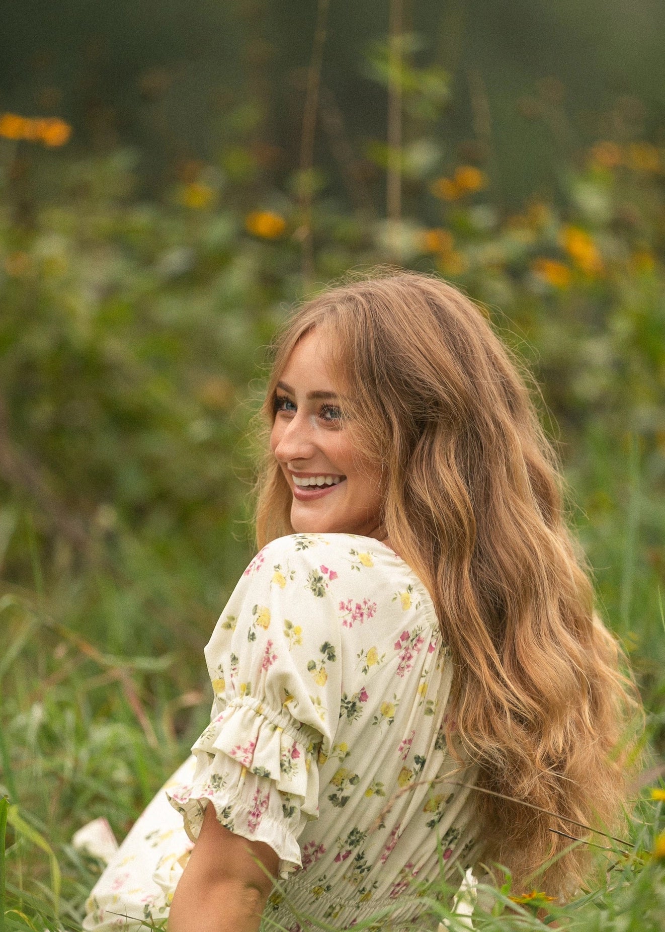 Meadow Daydream cream floral modest maxi dress with double puff sleeves and a smocked waist