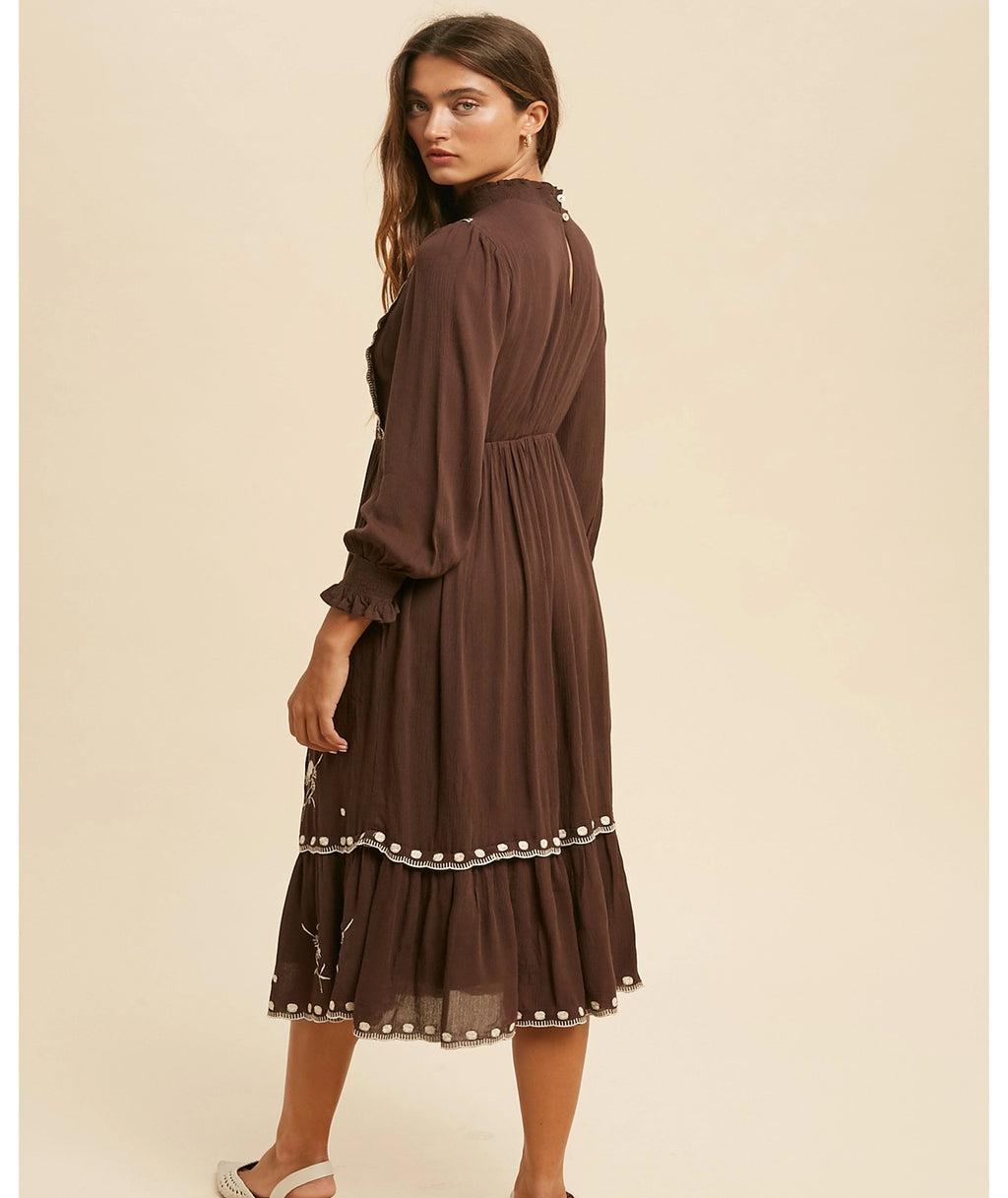 The Cassia chocolate-brown modest dress with cream floral embroidery and a tiered skirt